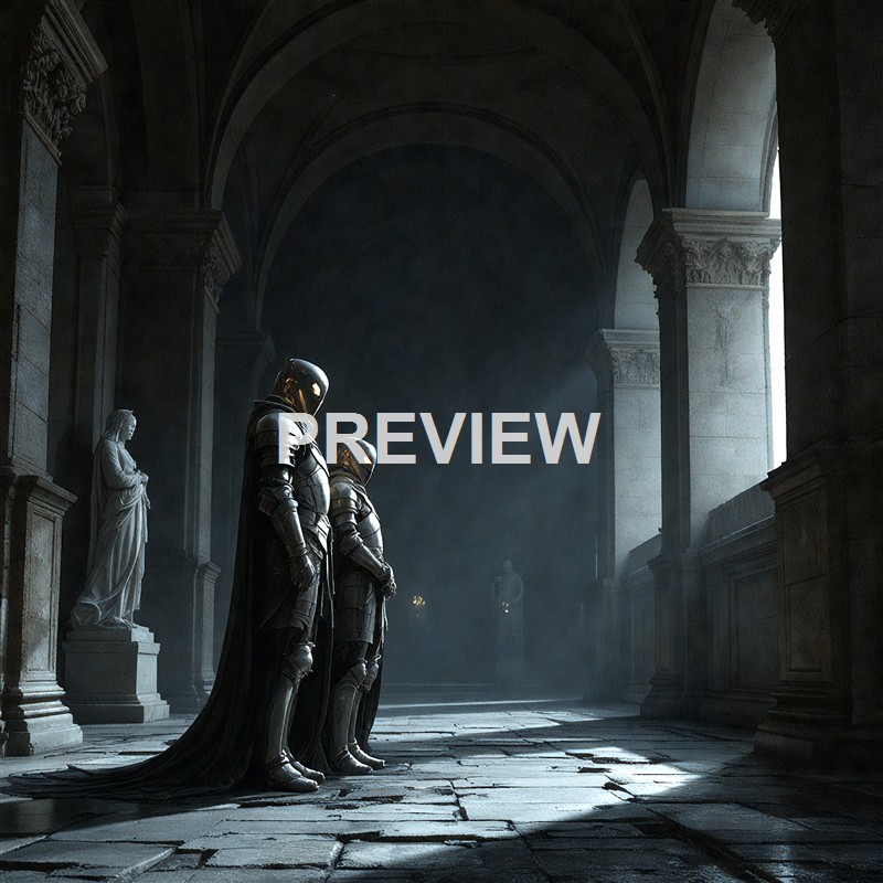 Two armored knights with cloaks stand solemnly inside a grand, ancient stone hall with classical statues and high arches, illuminated by soft natural light.